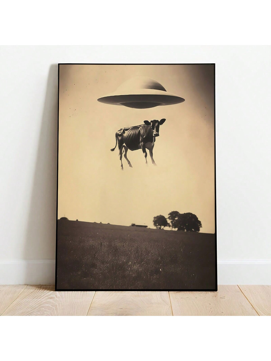 Add a distinctive touch to your bedroom or living room with the Retro UFO Cow Canvas Poster. This unique wall art combines nostalgic retro design with a whimsical UFO theme, creating an eye-catching focal point. Printed on high-quality canvas, it ensures vibrant colors and durability, making it an ideal choice for enhancing your home decor with a blend of humor and style.