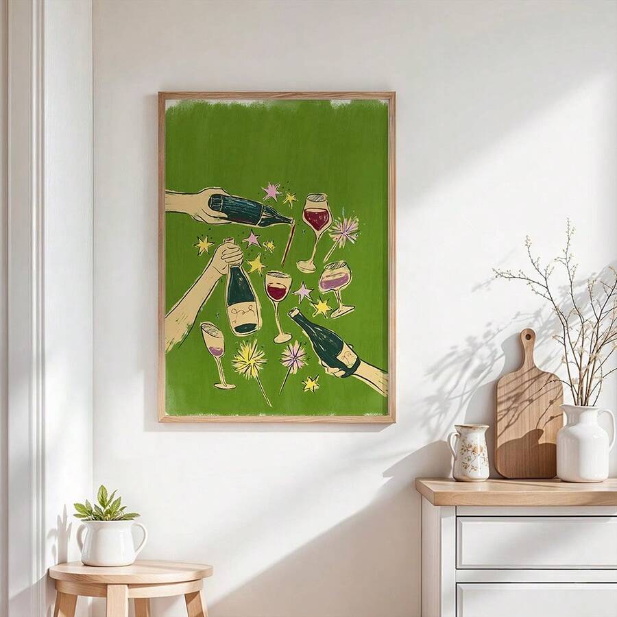 Retro wine party wall art with illustrated pouring hands