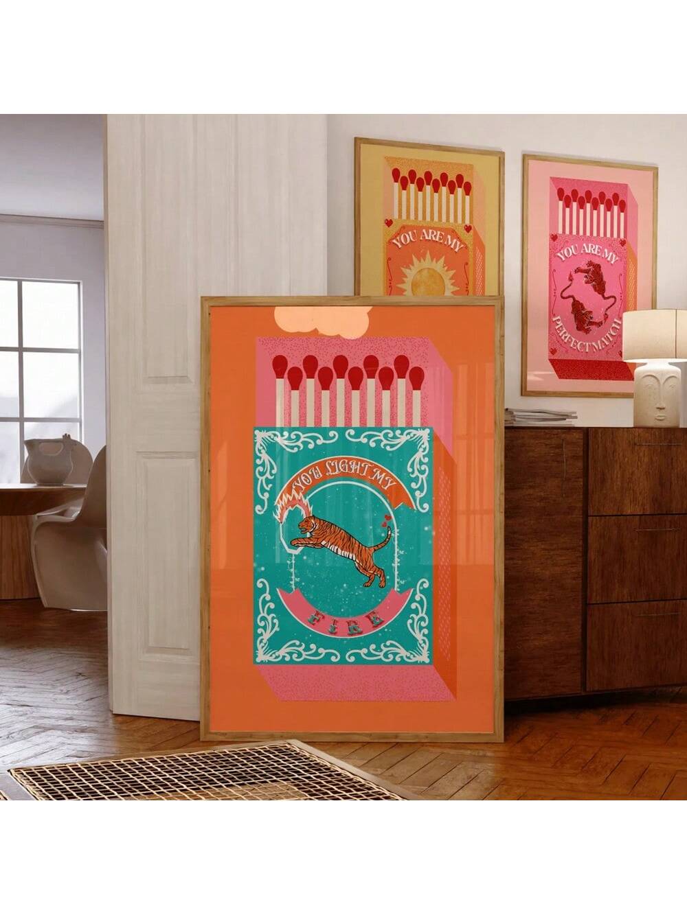 Ignite your space with this striking retro matchbox-inspired poster, a nostalgic nod to mid-century design aesthetics.