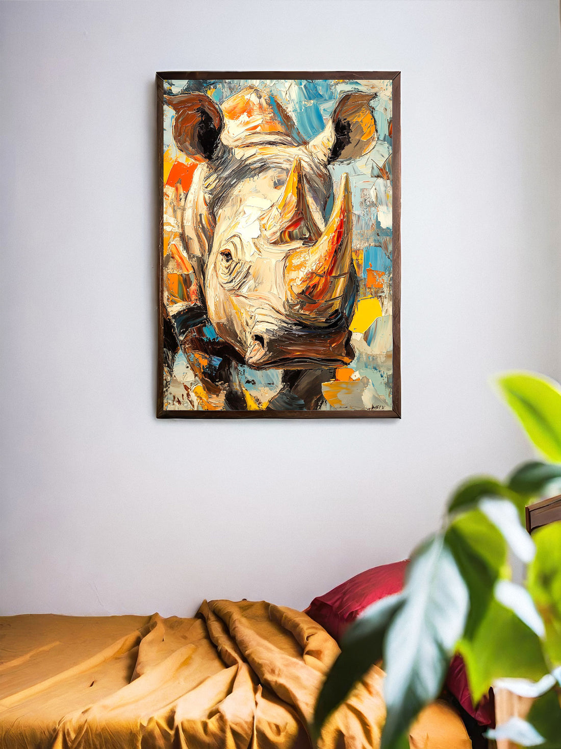 Create a professional and sophisticated look in your living room, bedroom, or office with this Rhino Art Painting Canvas Poster Wall Art. Perfect for adding a touch of nature to your decor, this canvas poster is versatile and can be hung in a variety of spaces. No frame needed, making it easy to display and enjoy.