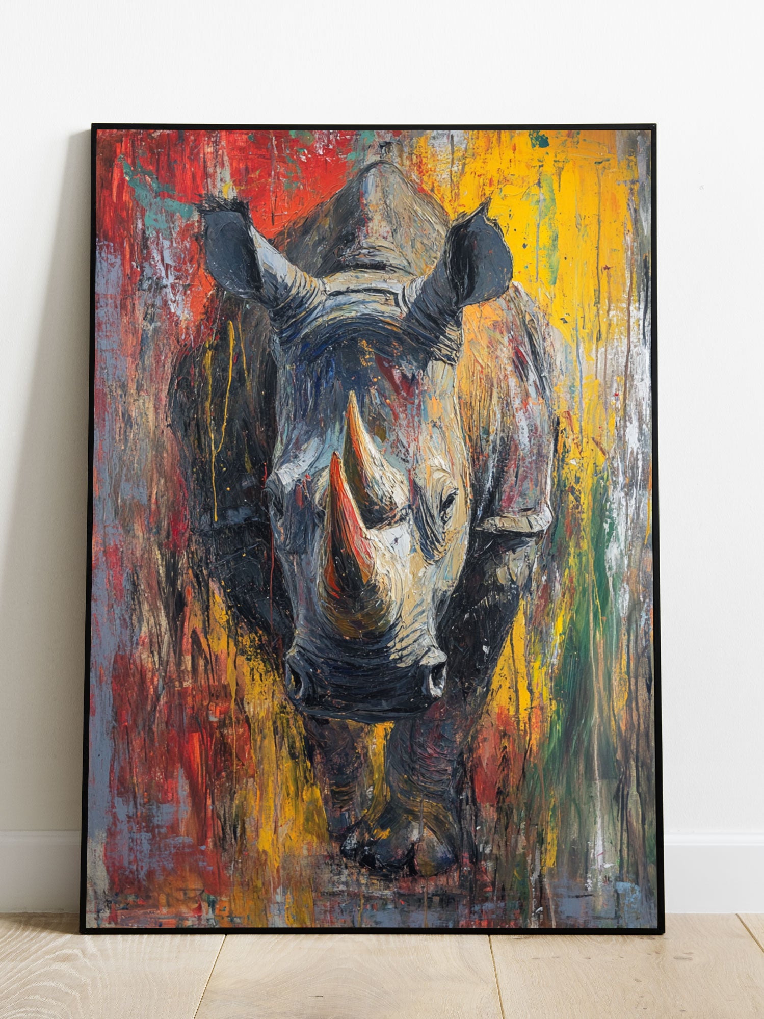 Transform your living space with our stunning Rhino Painting Lacquer Art Canvas Poster Wall Art. The intricate details and vibrant colors of the rhino will add a touch of sophistication to your living room, sofa backdrop, or bedside. The high-quality lacquer finish adds a sleek and modern touch to your home decor. Frame it or hang it as is, either way, it will make a bold statement.