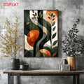 Abstract botanical canvas poster with leafy branches and rust-orange circles in a dark framed console display
