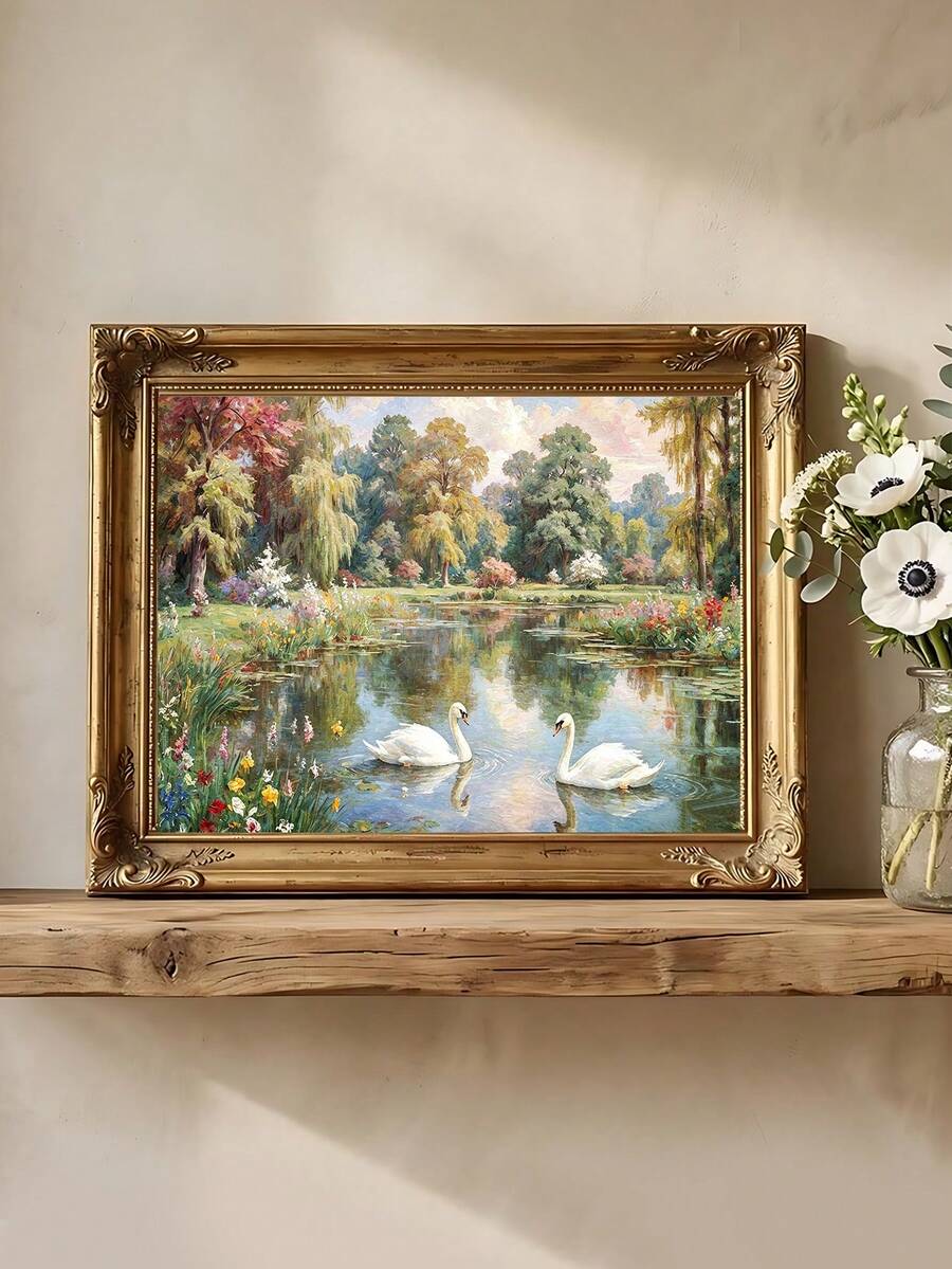 Romantic swan pond wall art in ornate gold frame