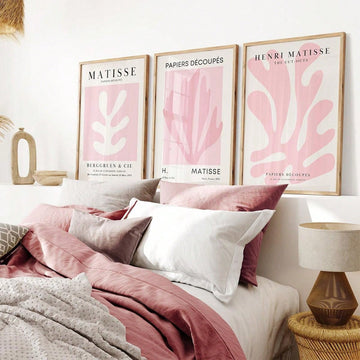 Elevate your living room decor with this stunning set of 3 canvas printings. Featuring striking Rouge Pink Matisse Abstract Leaf designs, these prints will add a touch of sophistication to any space. Made with high-quality canvas, these prints are durable and long-lasting. Perfect for lovers of abstract art and the color pink.