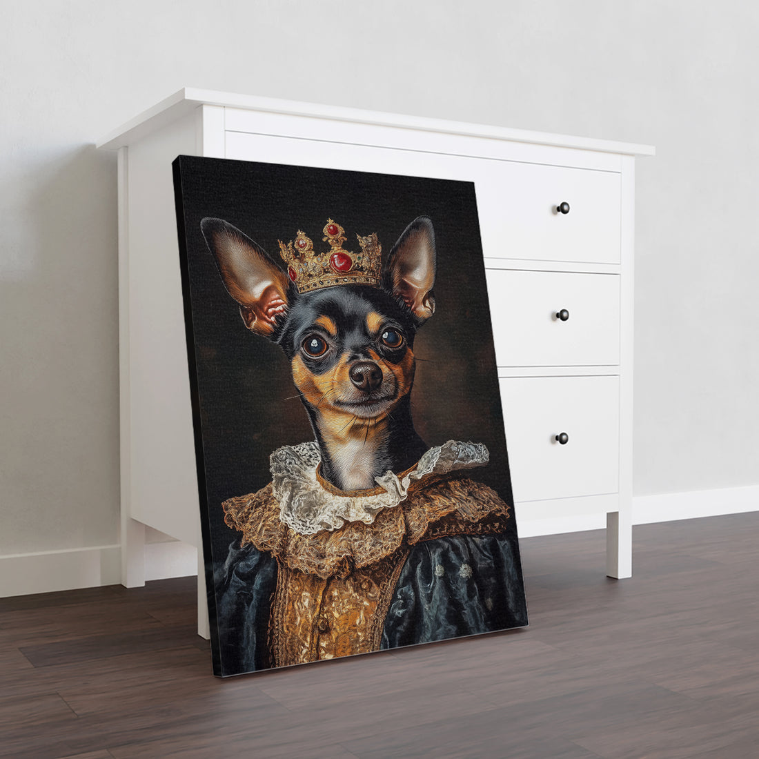 Expertly crafted Royal Pet Portrait Canvas Wall Art featuring a regal Chihuahua donning a crown and Renaissance costume. The perfect addition to any living room, adding personality to your sofa or bedside. Elevate your home decor with this charming piece.