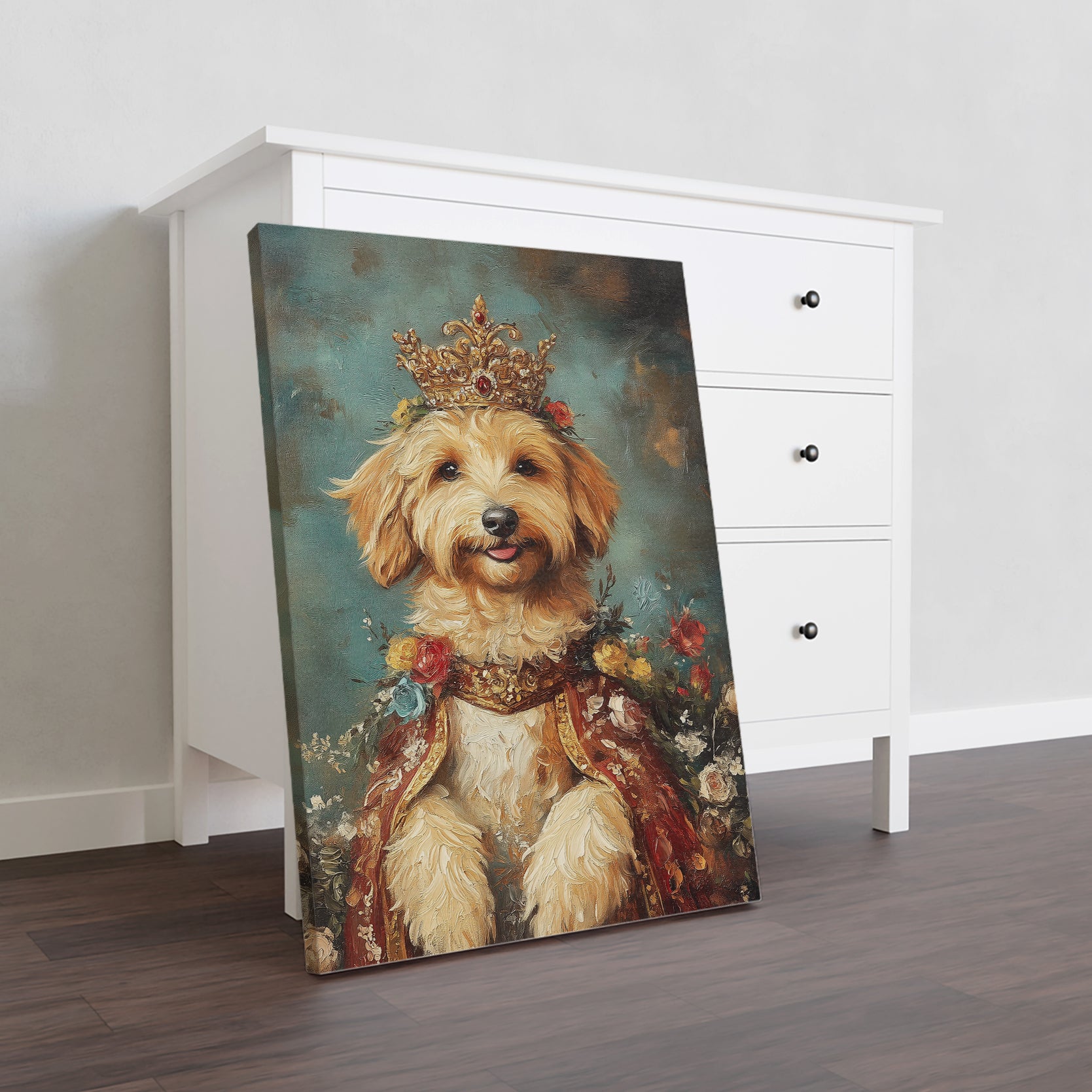 Elevate your home decor with this exquisite Royal Pet Portrait Canvas Wall Art. Featuring a vintage style dog painting with a regal crown, this piece adds a touch of sophistication to any room. Perfect for living rooms, sofas, and bedside decoration, this art piece adds an elegant charm to your home.