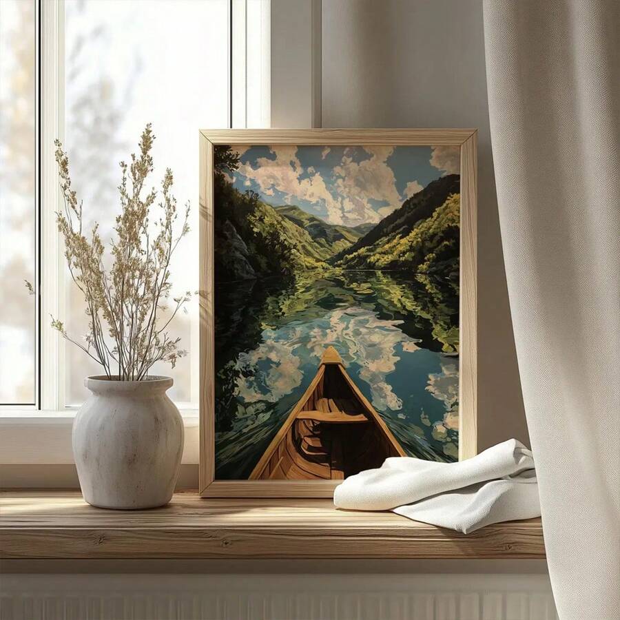 Bring the calm of the mountains indoors with this rustic canvas poster featuring a canoe resting on a reflective lake, surrounded by a forested valley and soft clouds. Its painterly, nature-inspired scene creates a peaceful focal point with a cabin-inspired feel.