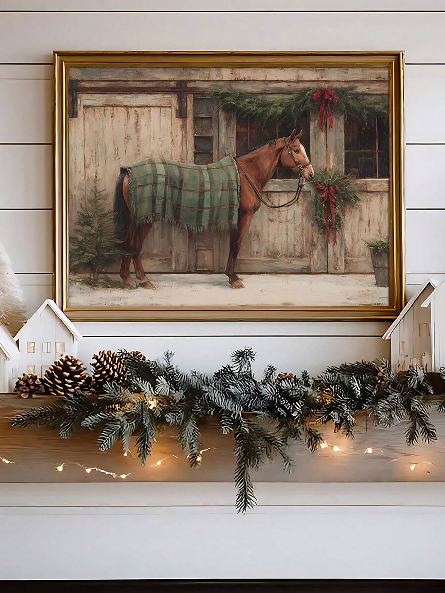 Framed brown horse in green plaid blanket at decorated rustic stable