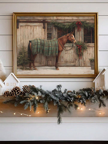 Framed brown horse in green plaid blanket at decorated rustic stable