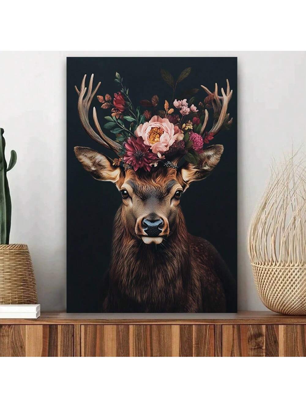 Add a touch of rustic charm to your space with our Rustic Deer Canvas Art. Featuring a stunning floral crown, this nature-inspired wall décor is perfect for any home, office, or café. The frameless design adds a modern touch while the high-quality canvas provides a lasting and durable display.