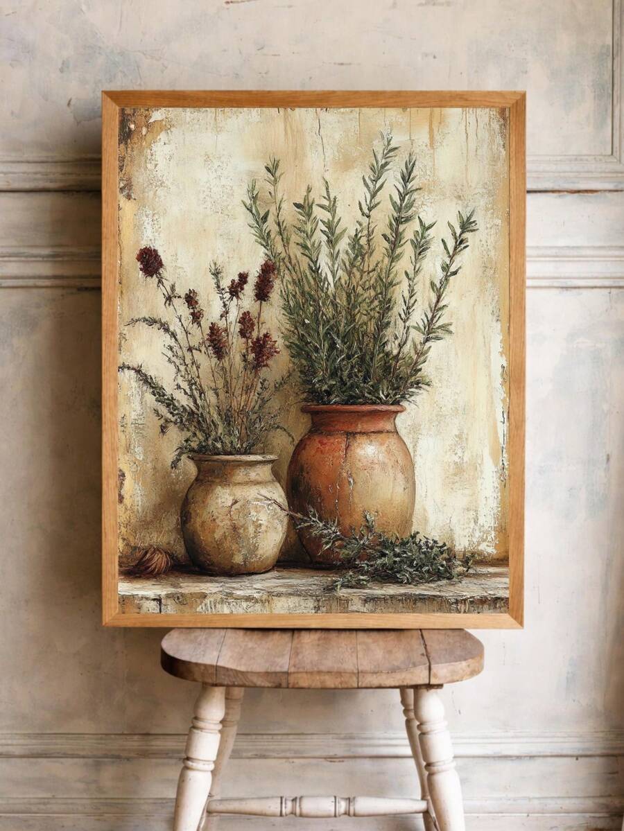 Dried flower wall art on stool with ceramic pots herbs cream background and wood frame