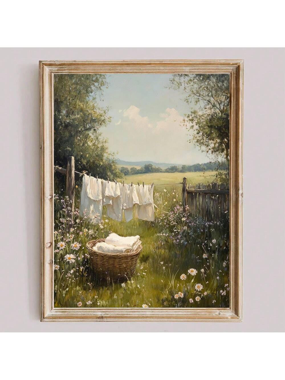 Bring timeless countryside charm into your living space with this evocative canvas art piece. Featuring a nostalgic laundry day scene rendered in warm, earthy tones, this farmhouse-inspired work captures the quiet beauty of rural life.