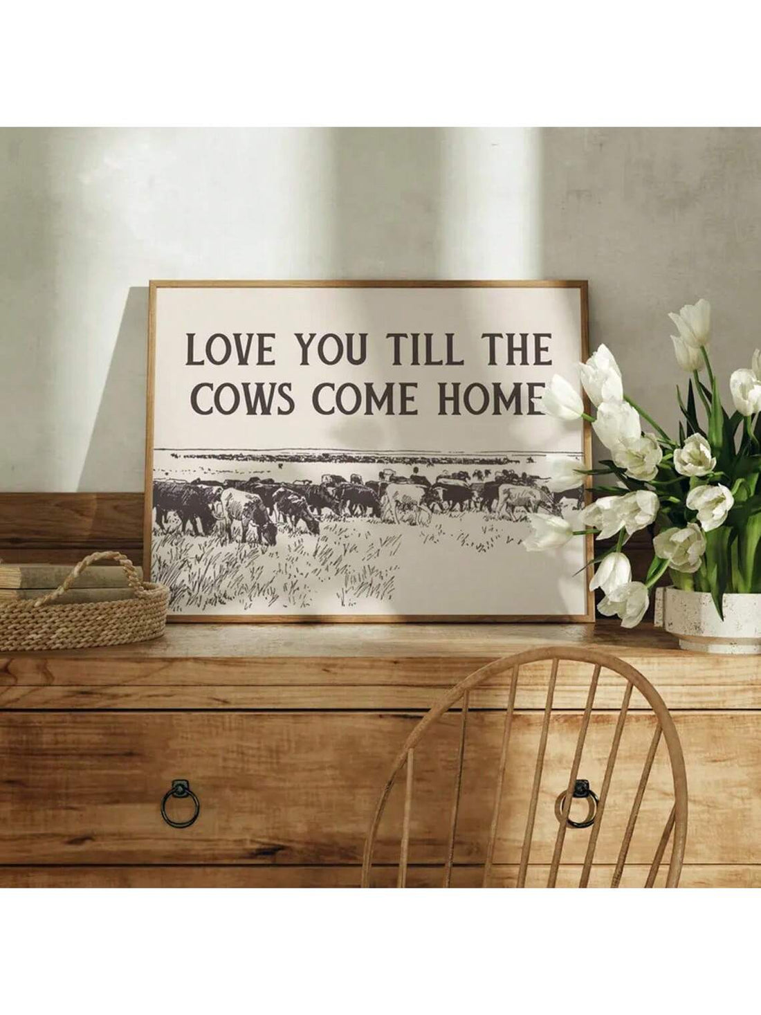 Bring warmth and character to any space with this charming rustic wall art poster. Featuring the timeless phrase "I Love You Until The Cows Come Home," this vintage-inspired piece captures the spirit of Western heritage with authentic cowboy aesthetic. Perfect for farmhouse, ranch, or country-themed interiors, the weathered design adds nostalgic appeal while celebrating rural traditions. Whether displayed in a bedroom, living room, or cabin, this poster serves as both a heartfelt sentiment and a striking de