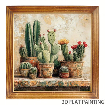 Rustic cactus still life in terracotta pots inside a wood frame, with 2D flat painting label