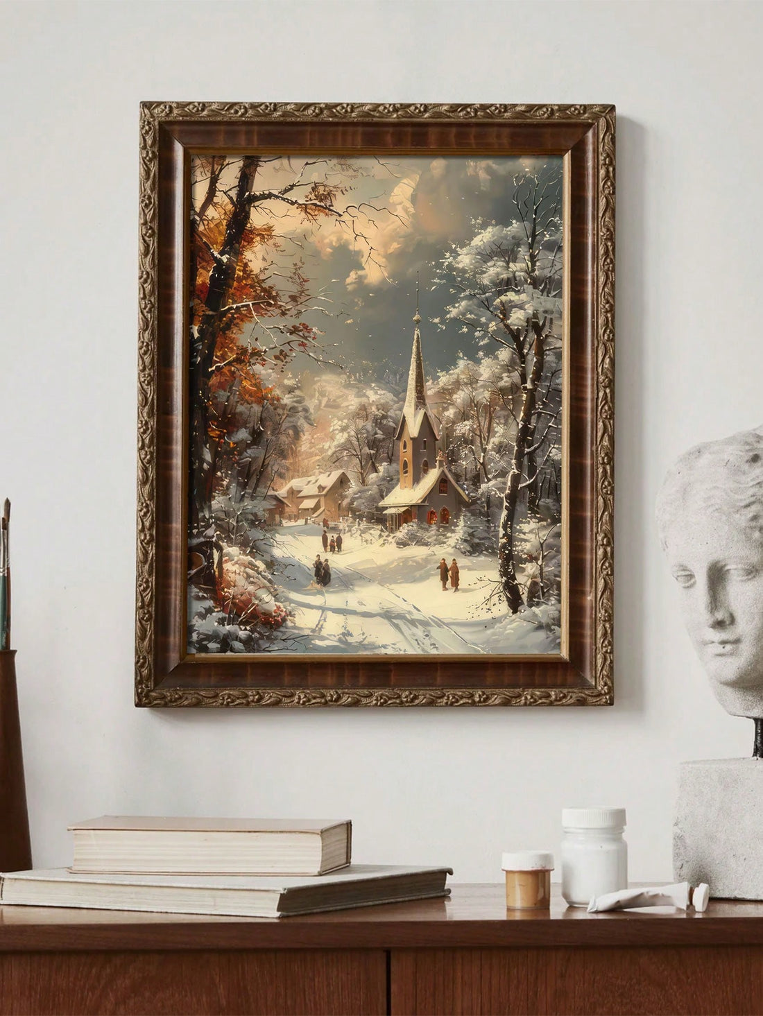 Capture the warmth of a traditional winter holiday with this charming canvas wall art depicting a snow-blanketed village scene. The rustic aesthetic brings nostalgic appeal to any room, evoking the peaceful beauty of classic Christmas imagery. Rendered in soft, muted tones, this unframed piece complements both contemporary and traditional interiors. Ideal for living rooms, bedrooms, or entryways, it transforms your space into a cozy seasonal retreat.