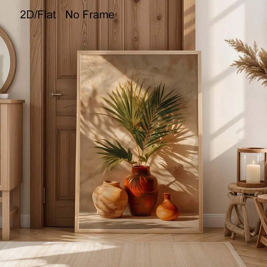 Bring Mediterranean charm into your home with this stunning rustic terracotta vases wall art. Featuring delicate palm leaf motifs, this boho coastal piece combines earthy tones and organic patterns to create a warm, inviting atmosphere. Perfect for dining rooms, bedrooms, or living spaces, the unframed canvas design offers versatility in styling and display.