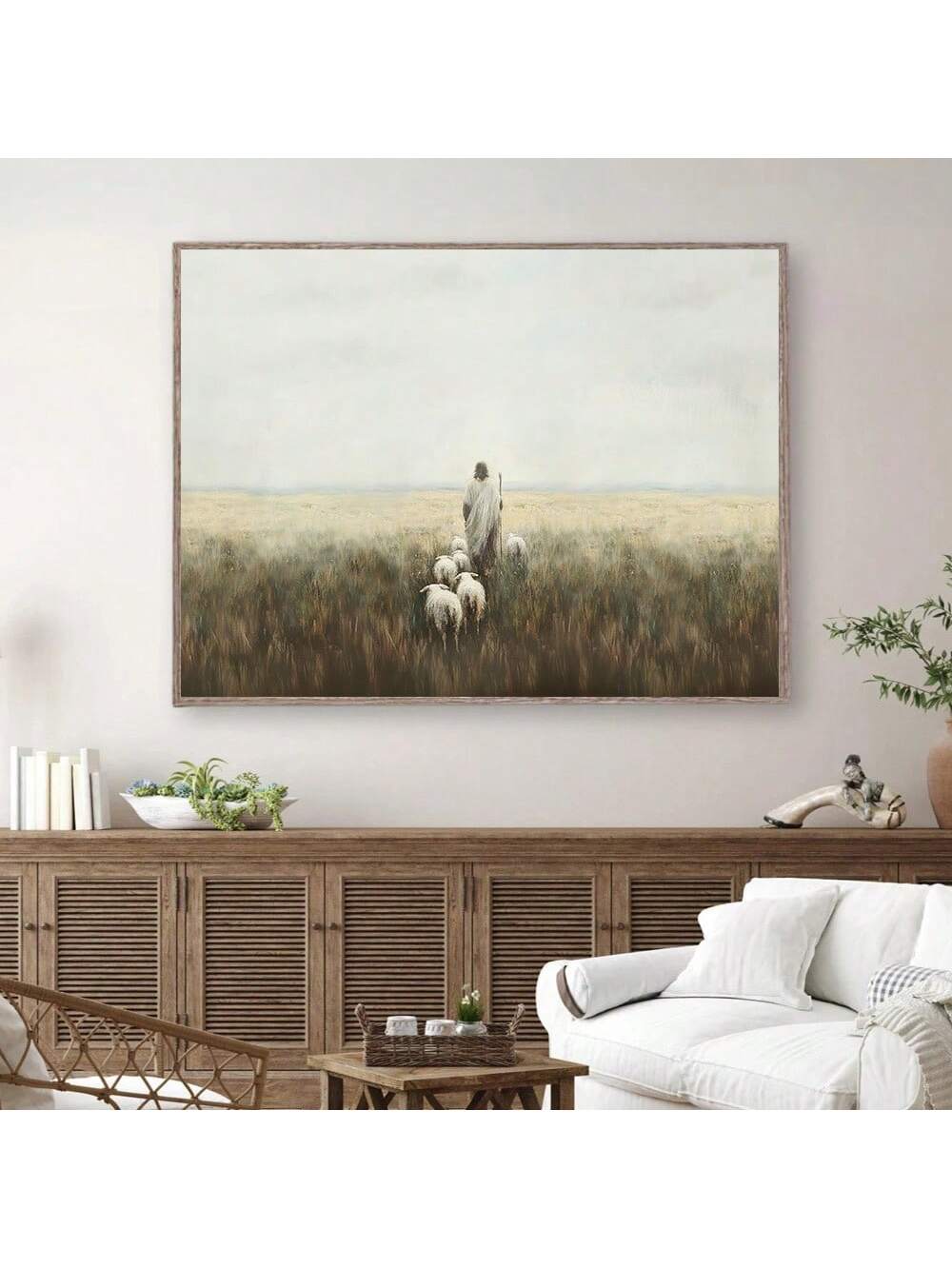 Bring spiritual warmth to your living space with this rustic canvas poster featuring a timeless depiction of Jesus with sheep. The vintage aesthetic seamlessly complements modern interiors, offering a meaningful focal point that celebrates faith and pastoral imagery. Printed on quality canvas with earthy tones and weathered details, this unframed piece provides flexibility for custom framing that matches your décor style. Perfect for bedrooms, living rooms, or prayer spaces, it serves as a daily reminder of