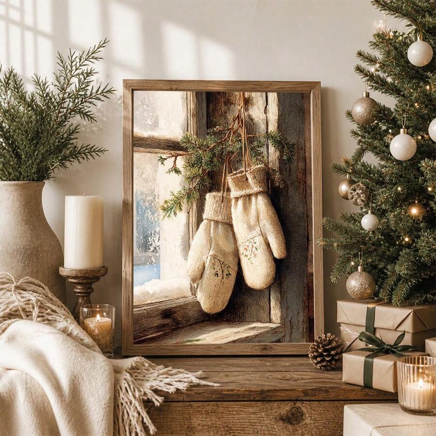 Rustic Vintage Christmas Mittens & Snowy Window Farmhouse Canvas Poster