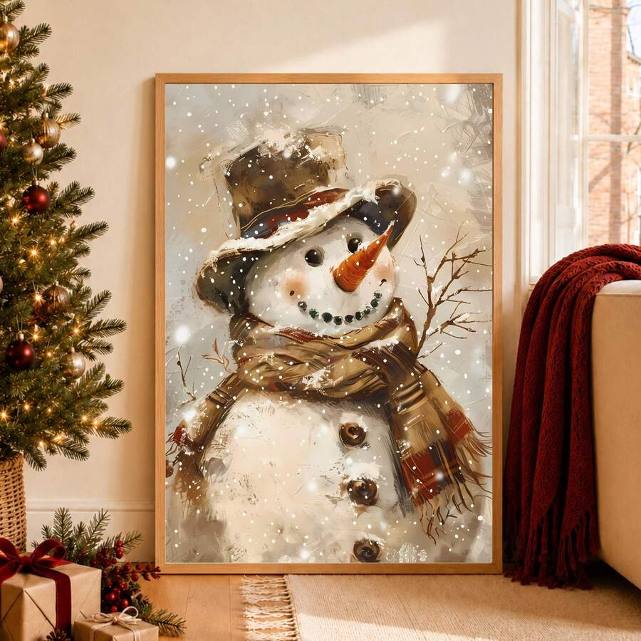 Framed snowman canvas artwork with brown top hat and plaid scarf beside a Christmas tree and burgundy throw