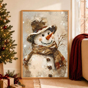 Framed snowman canvas artwork with brown top hat and plaid scarf beside a Christmas tree and burgundy throw