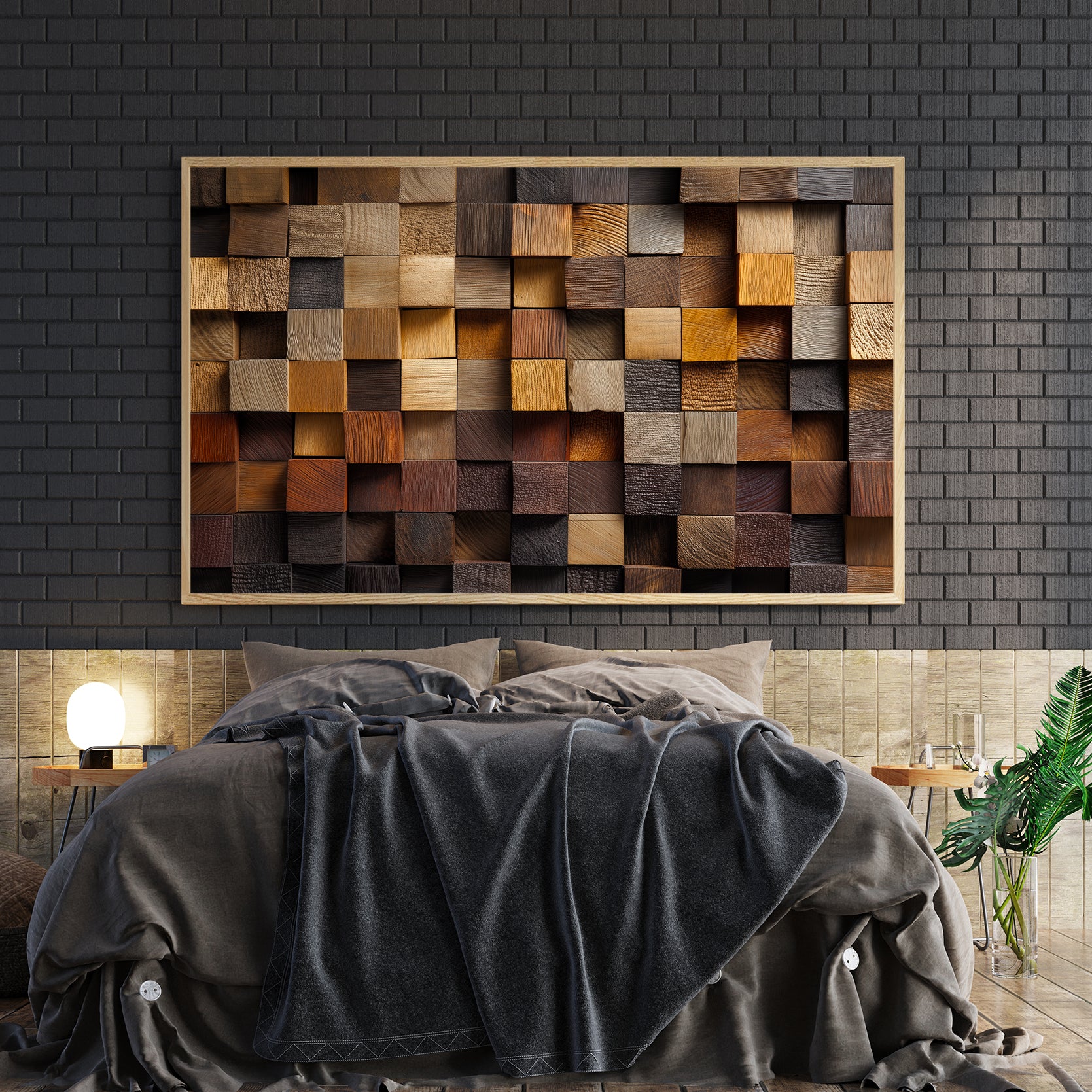 Transform your walls with this striking 3D geometric mosaic panel, expertly crafted from rustic wood in rich, multi-tone brown hues. Each piece features dimensional layering that catches light beautifully, adding depth and visual interest to any space. Perfect as a living room focal point, sofa backdrop, or bedside accent, this wall art brings warmth and contemporary sophistication to your home.