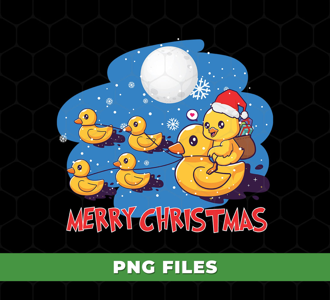 Merry Christmas Duck Parade PNG, Cute Santa Hat Rubber Duck Illustration With Snowflakes And Moon, PNG For Shirts, PNG Sublimation