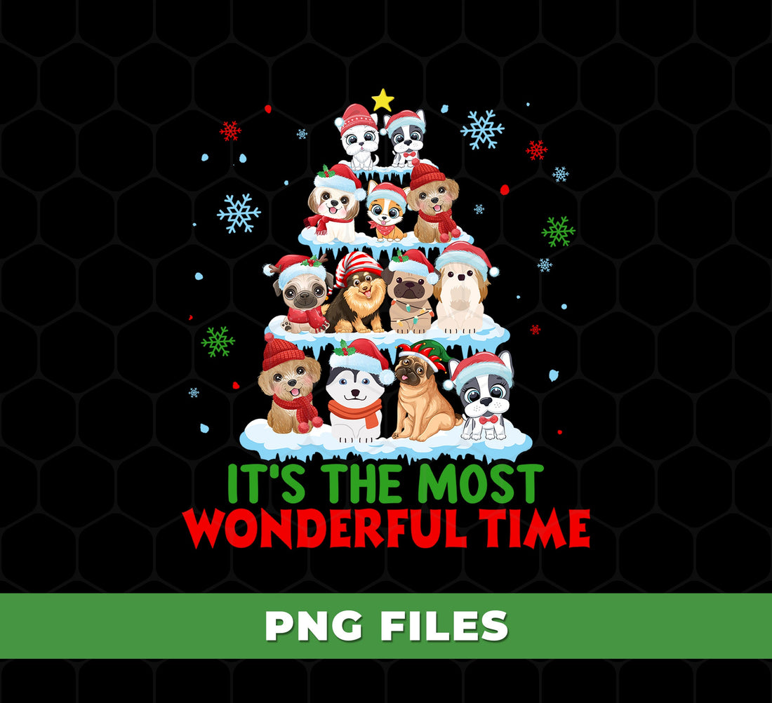 Funny Christmas Dogs In Tree Shape With Santa Hats And Snowflakes, Cute Holiday Pet Lover Sublimation Design, PNG For Shirts, PNG Sublimation