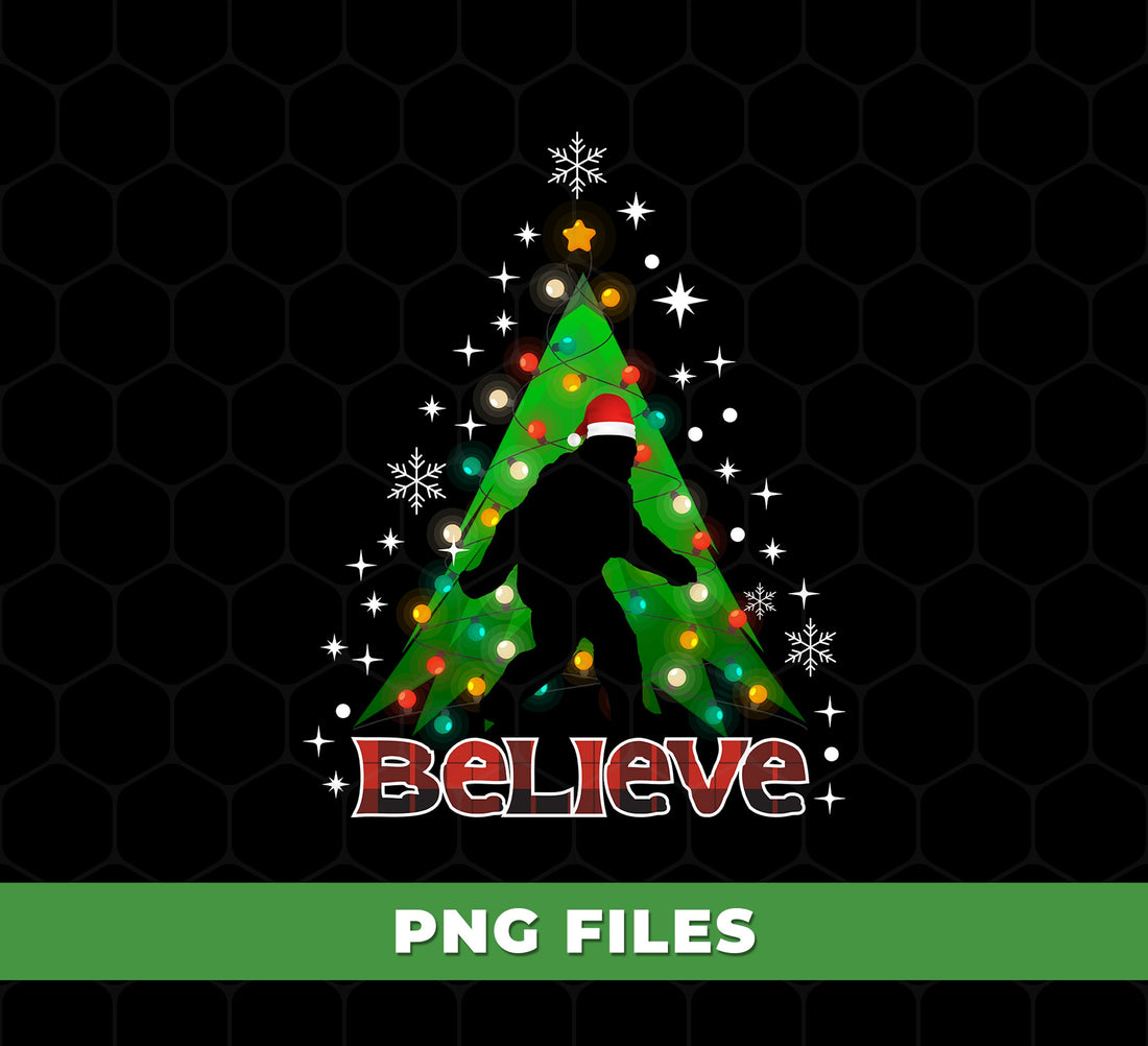 Funny Bigfoot Believe Christmas Tree Lights Design With Santa Hat And Snowflakes, PNG For Shirts, PNG Sublimation