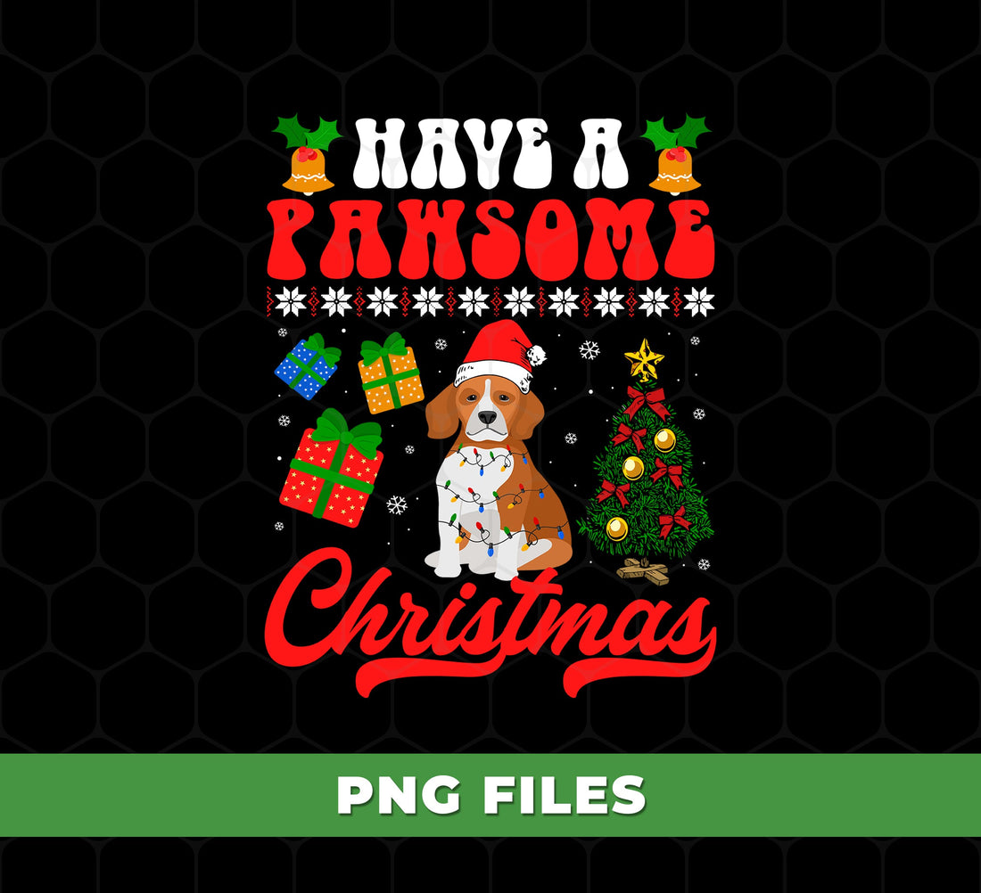 Have A Pawsome Christmas Dog, Cute Beagle With Lights And Gifts, PNG For Shirts, PNG Sublimation