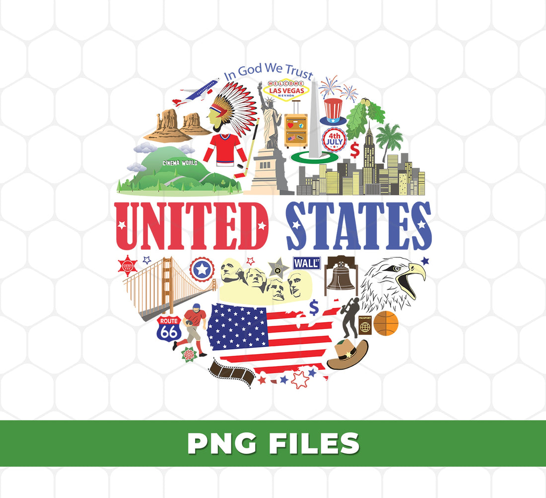 United States PNG with Iconic American Landmarks and Symbols, Patriotic USA Map Design for 4th of July, PNG For Shirts, PNG Sublimation
