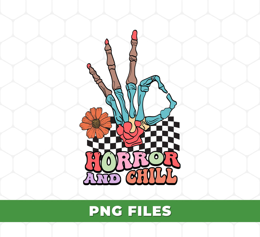 Horror And Chill Skeleton Hand PNG With Flower, Checkered Background, Pastel Goth Retro Halloween