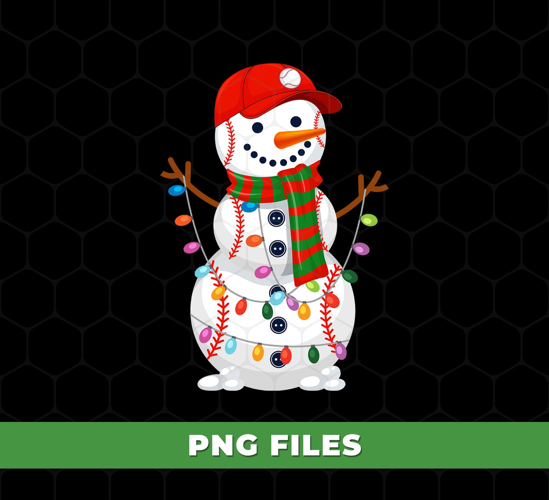 Baseball Snowman PNG, Christmas Sports Snowman Design, Xmas Baseball Shirt PNG, Holiday Lights Snowman Clipart, Red Cap Snowman PNG