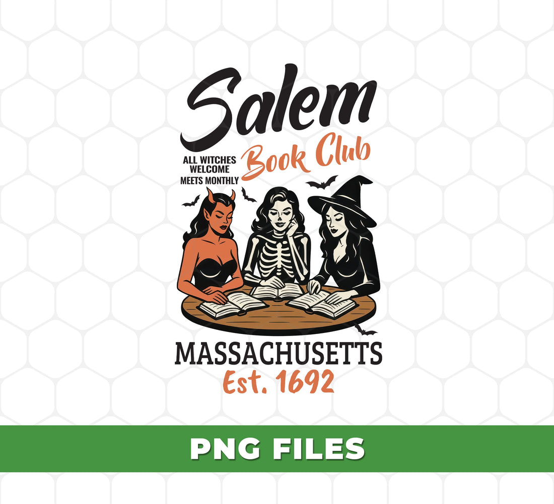 Salem Book Club PNG, Witch Devil Skeleton Reading Books, Massachusetts 1692, Halloween Gothic Clipart For Sublimation