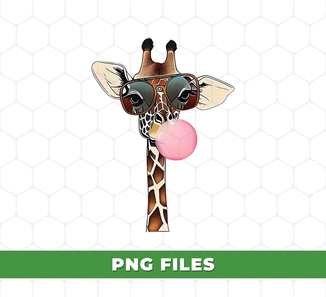 Cool Giraffe PNG, Funny Giraffe with Sunglasses and Bubblegum, Cute Safari Animal Sublimation Design, Trendy Jungle Clipart. Funny Giraffe