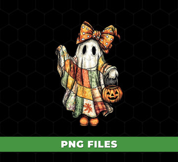 Cute Ghost Halloween PNG, Patchwork Quilt Ghost Clipart, Retro Fall Pumpkin Trick or Treat PNG, Spooky Season Sublimation Design