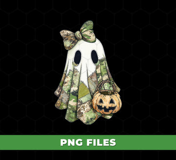 Camo Ghost PNG, Halloween Ghost with Bow and Pumpkin Clipart, Cute Military Camo Sublimation, Spooky Season PNG, Trick or Treat Design