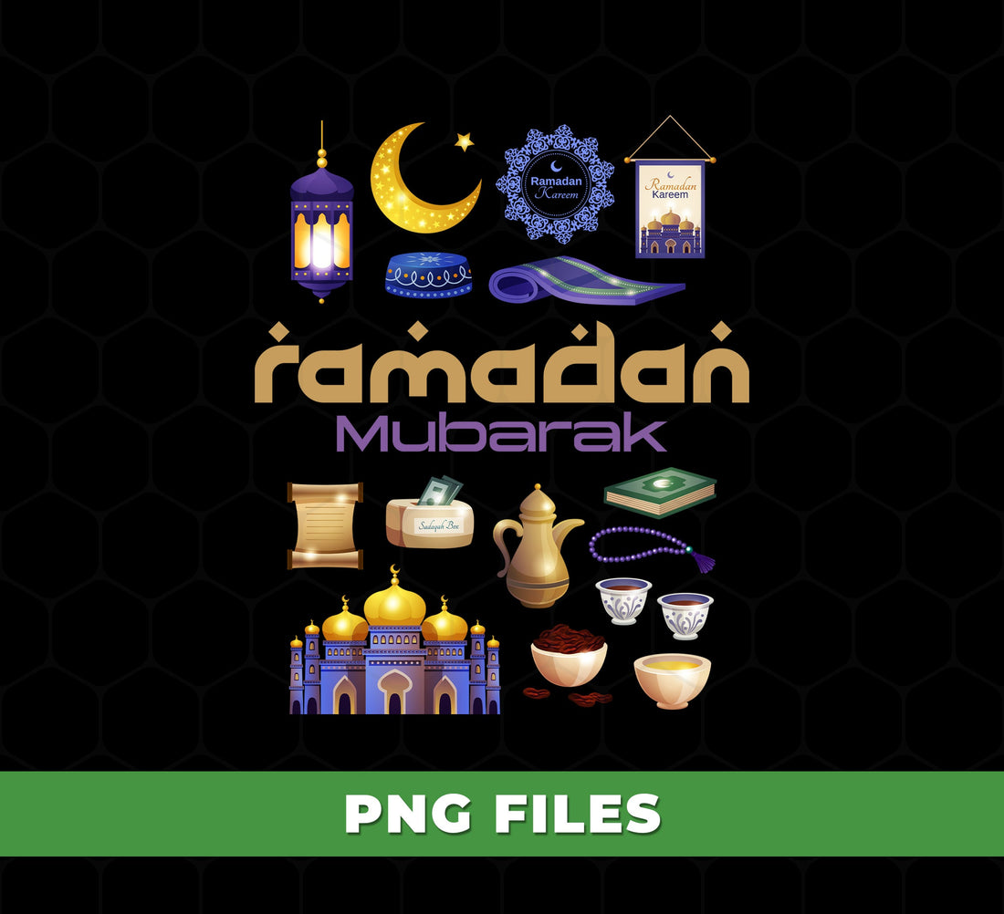 Ramadan Mubarak Clipart Set PNG, Islamic Moon Mosque Lantern Elements, Eid Design Bundle