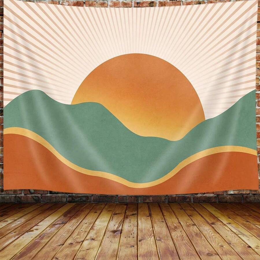 Sage green mountain tapestry with burnt orange sunrise