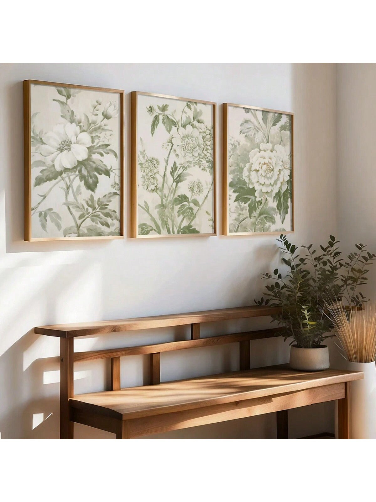 Enhance your space with our Sage Green Floral Triptych Art Set - a perfect addition to any elegant grandmillenial decor. Featuring a stunning sage green color and intricately designed floral prints, this art set adds a touch of sophistication and beauty to any room. Transform your space into a work of art.