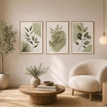Sage green watercolor eucalyptus leaf canvas poster set in a neutral living room