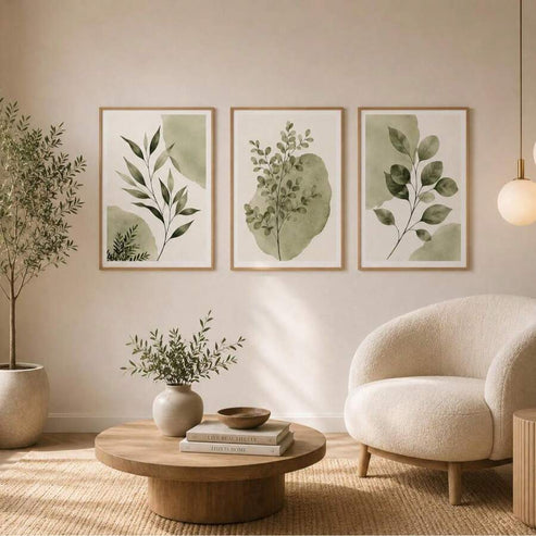 Three piece sage green watercolor eucalyptus leaf botanical canvas poster set