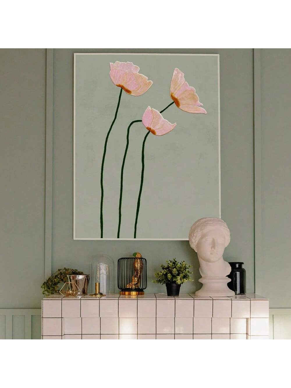 Elevate your living room or bedroom with this Sage Green and Pink Poppy Floral Wall Art Print. Featuring vintage minimalist design, this piece blends soft sage tones with delicate pink poppies to create a serene and timeless ambiance. Its subtle color palette and refined detailing provide a sophisticated touch, perfect for enhancing modern and classic interiors alike. Crafted to complement various décor styles, this wall art adds elegance and a calming natural element to your space.