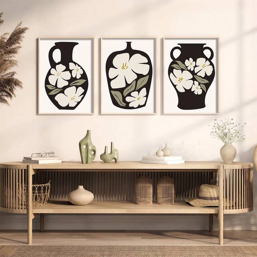Three-panel canvas poster set with black vase and white flowers