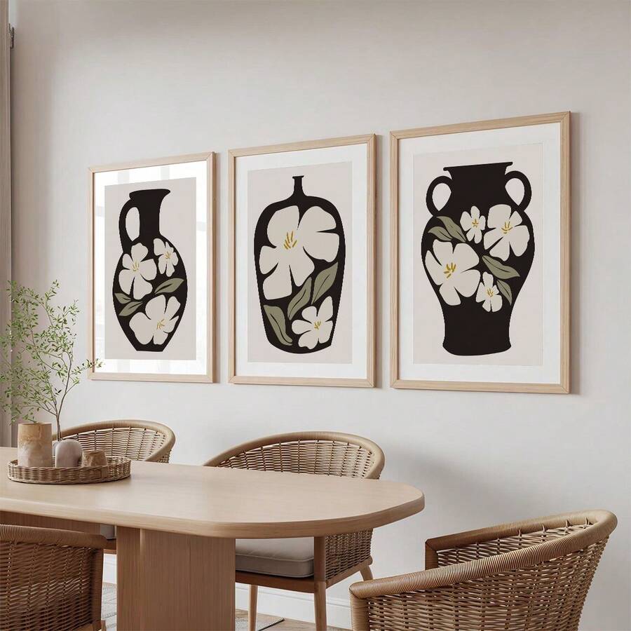 Three-panel canvas poster set with black vase and white flowers