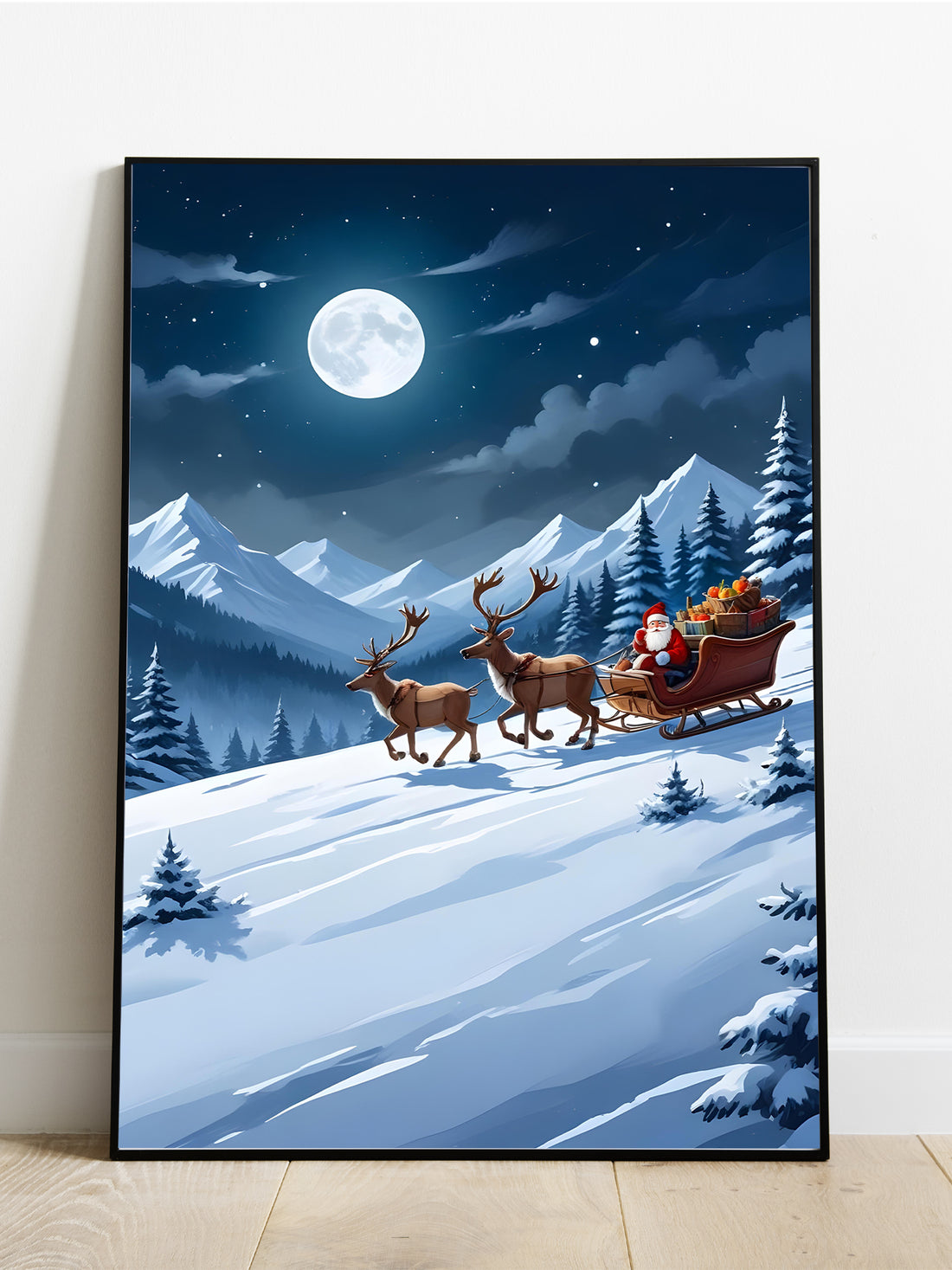 Experience the magic of Christmas with our Santa Claus canvas poster. Featuring Santa riding his sleigh pulled by two reindeer through a snow-covered forest, this poster captures the essence of the holiday season. Made with high-quality canvas, it's a perfect addition to your home decor.