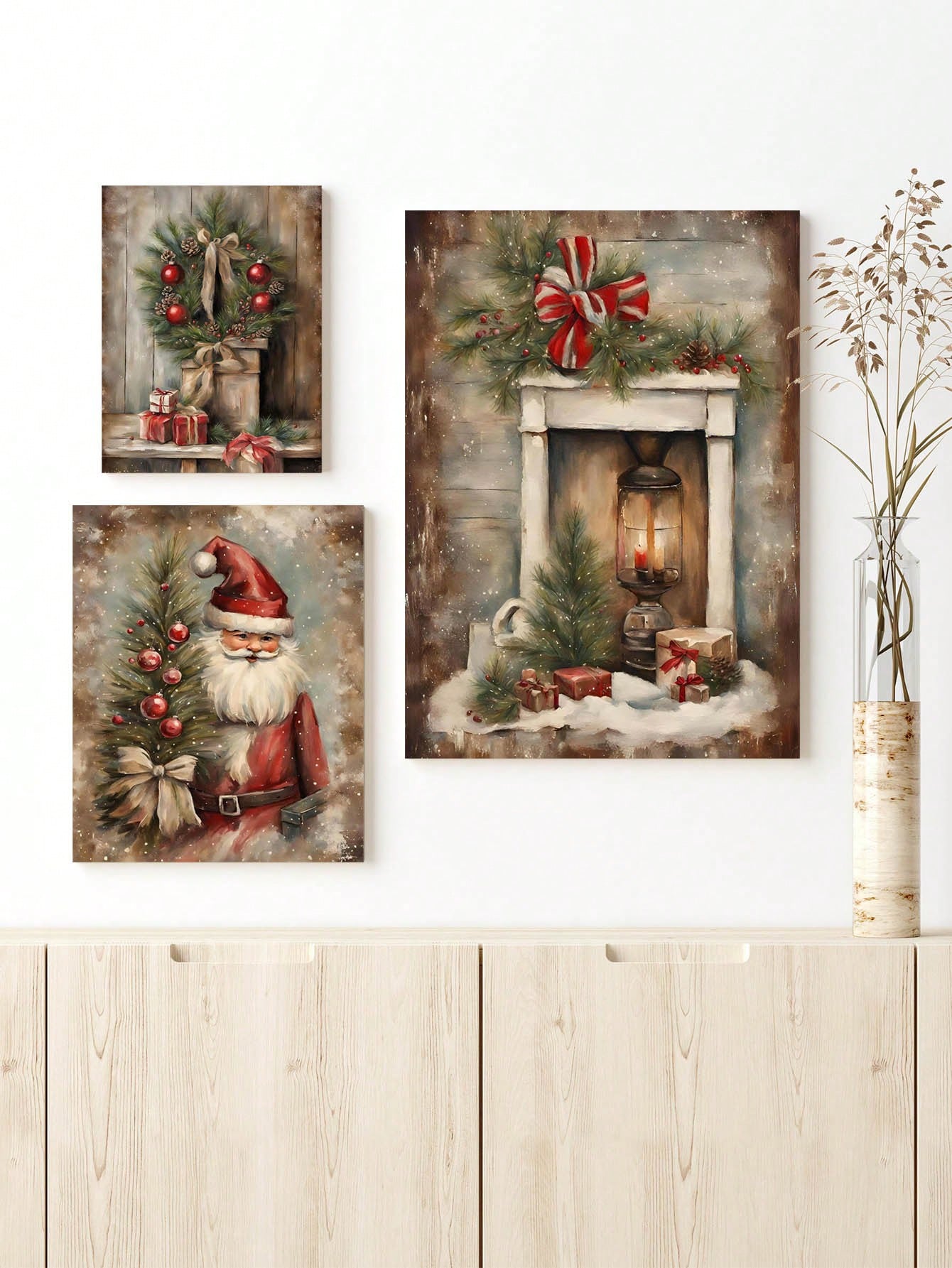 This trio of Santa Claus canvas wall art pieces will bring festive holiday cheer to any home or office. Made of high-quality materials, these pieces feature vivid colors and detailed designs. Perfect for adding a touch of Christmas spirit to your decor.
