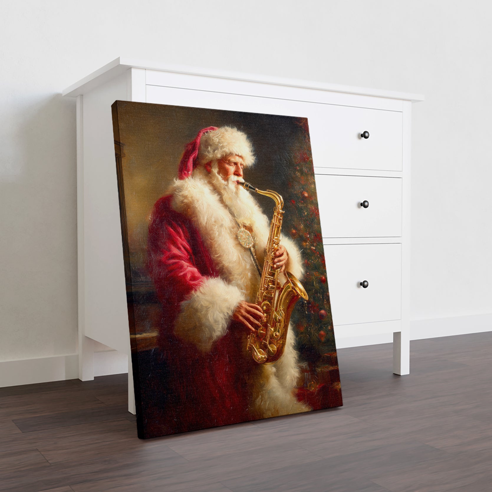 Bring festive cheer and artistic flair to any room with this charming Santa Claus Playing Saxophone canvas wall art. This whimsical piece captures a classic Christmas scene with Santa in a delightful musical moment, perfect for creating a warm, inviting atmosphere.