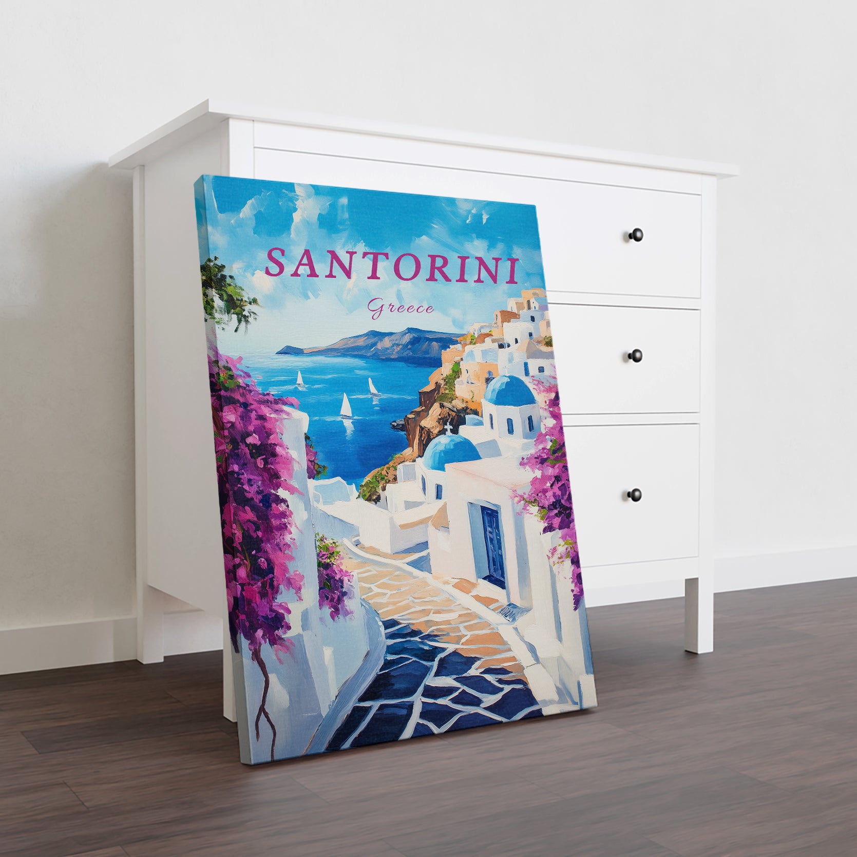 This Santorini Greece Travel Art Canvas Print features stunning imagery of the Mediterranean coastal landscape. Perfect for any living room, sofa backdrop, or bedside decoration, this high-quality canvas wall art effortlessly adds a touch of elegance and beauty to your home decor. 