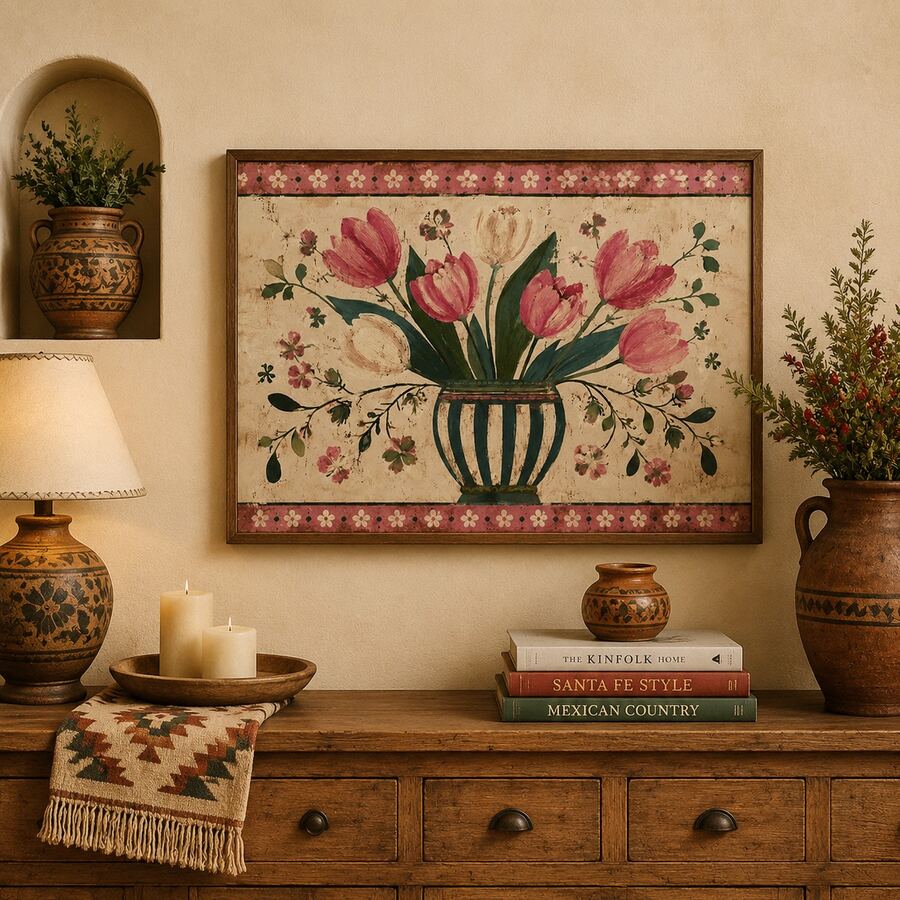 Scandinavian tulip vase canvas print above a rustic sideboard with candles and pottery