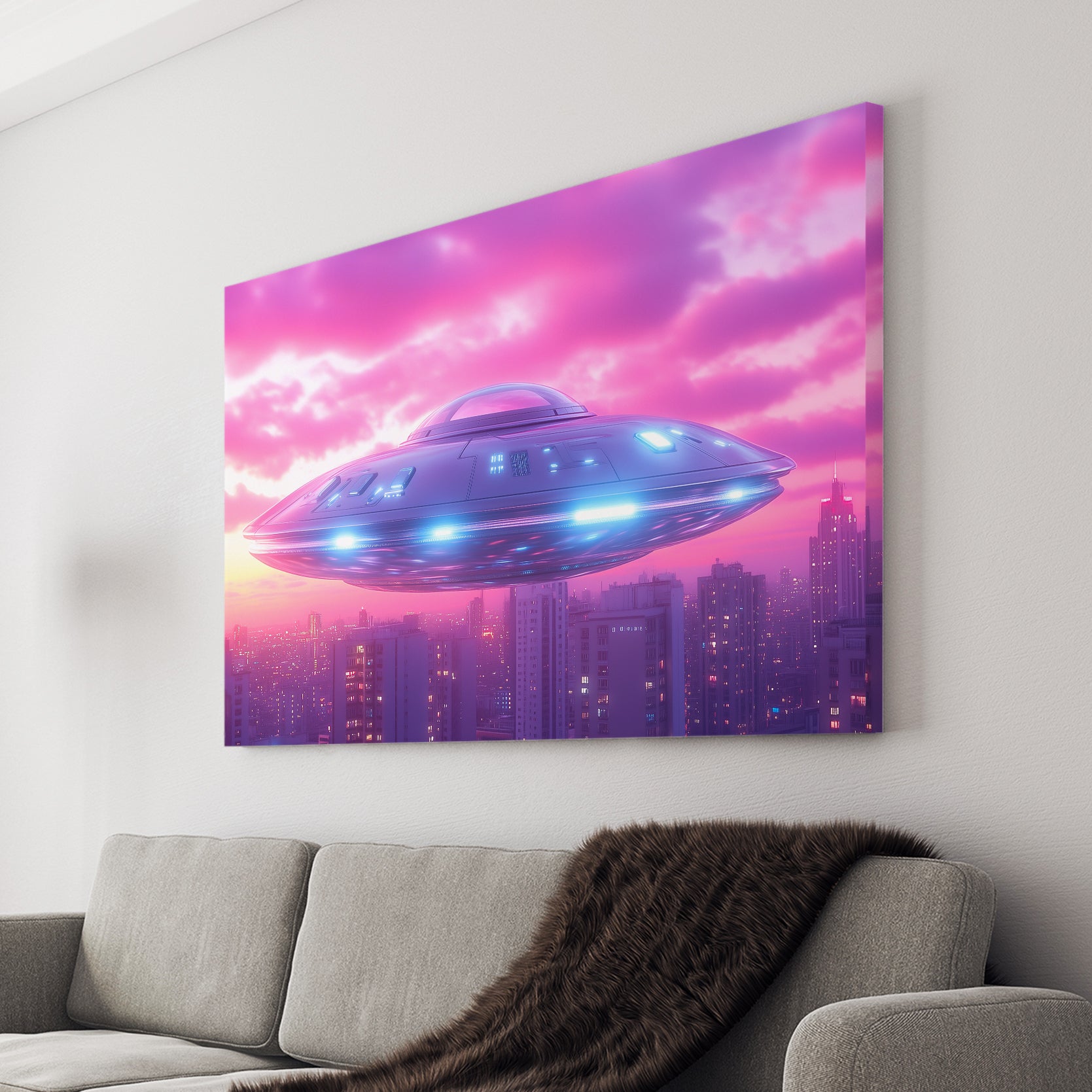 Take your home decor to new heights with our Sci-Fi UFO Cityscape Canvas Wall Art. The modern neon artwork adds a futuristic touch to any living room, sofa backdrop, or bedside decoration. Expertly crafted with high-quality materials, this wall art will elevate your space to a whole new level of style and sophistication.